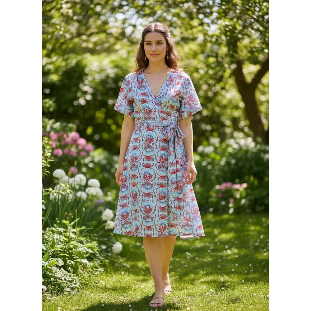 Emily McCarthy Wrap Dress White Blue Red Floral Linen On Sale 70% off $228